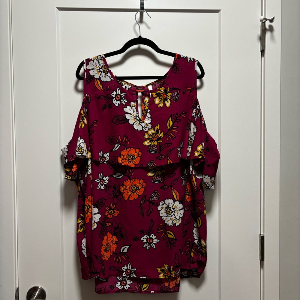 Xhilaration Berry Floral Cold-Shoulder Blouse with Orange & White Accents